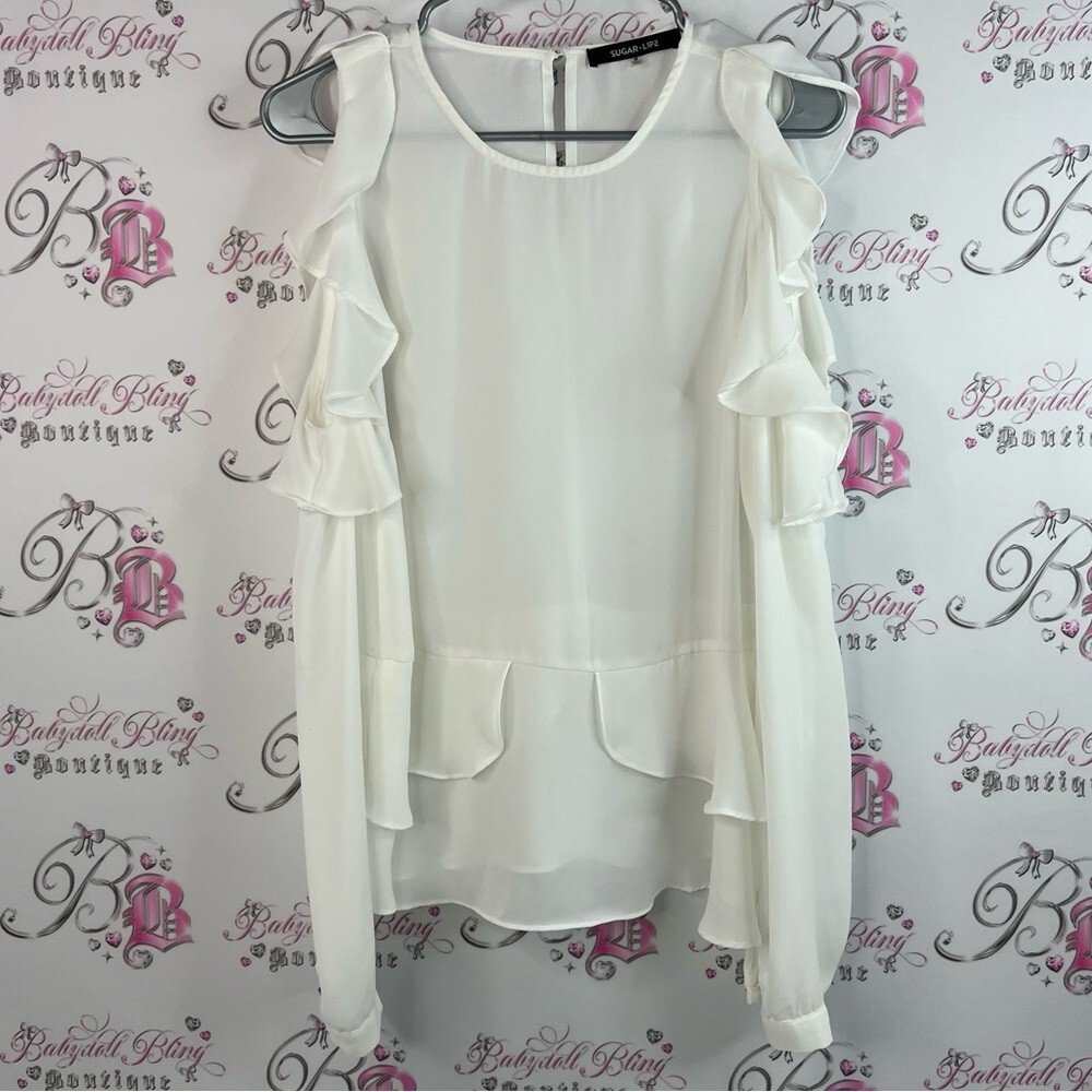 Sugar + l!ps long sleeve cold shoulder open Chic White Ruffle Sleeve Blouse